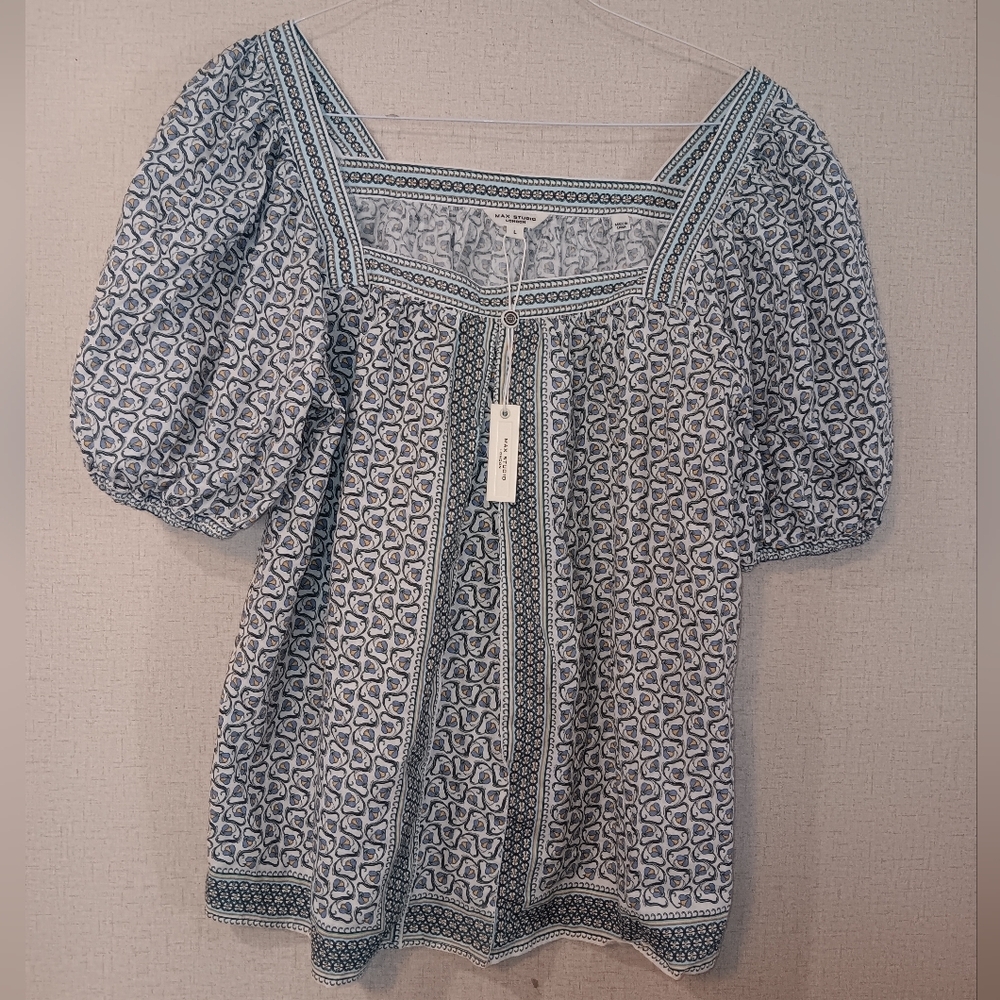 Max Studio Lodon $128  Light Blue Printed Square-Neck Puff Sleeve Blouse